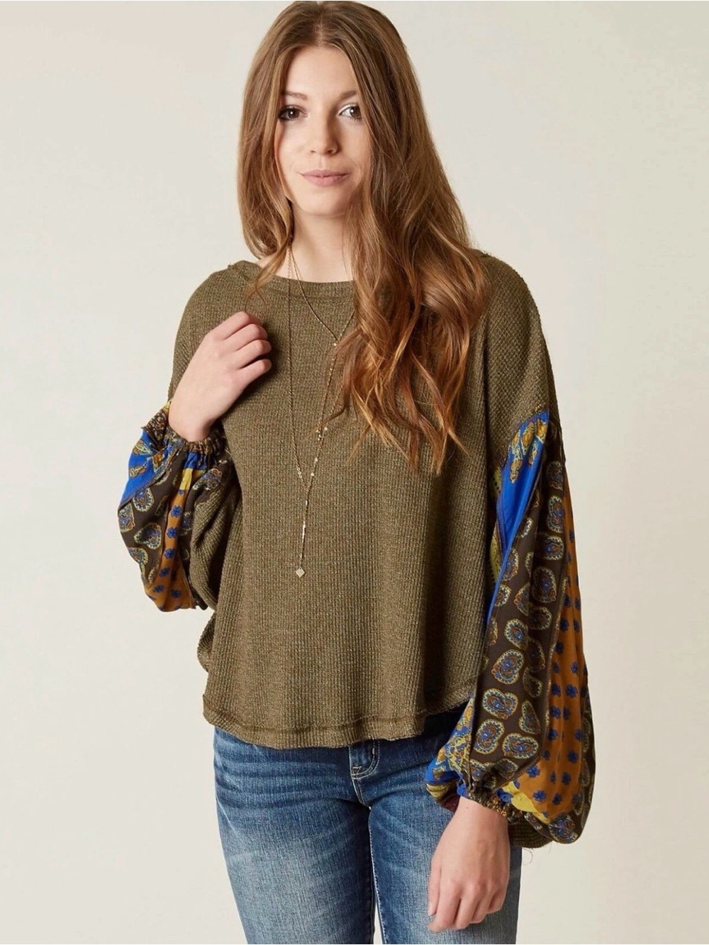 Free People Olive Mixed-Sleeve Womens Top